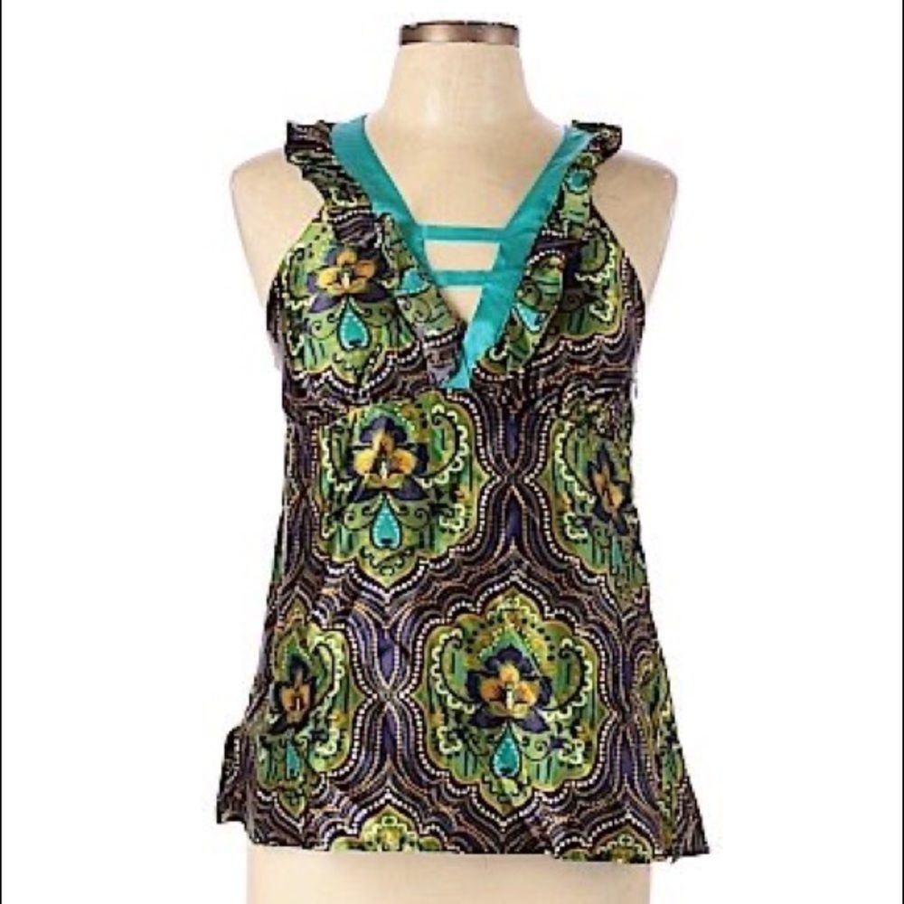 Postella Teal Green and Black Patterned Ruffle-Trim Tank